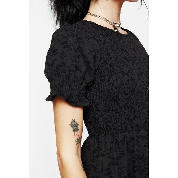 Disturbia Amun Smocked Midi Dress Floral Jacquard Womens Size 6 UK 10 Black New - Picture 2 of 14